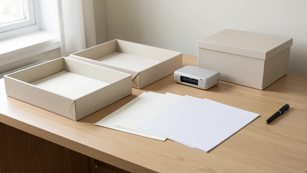 A home desk with two paper trays, blank sheets, a pen, a compact scanner, and a lidded storage box