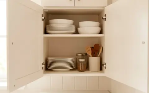 An open kitchen cabinet organized with stacked dishes, plain jars, and wooden utensils