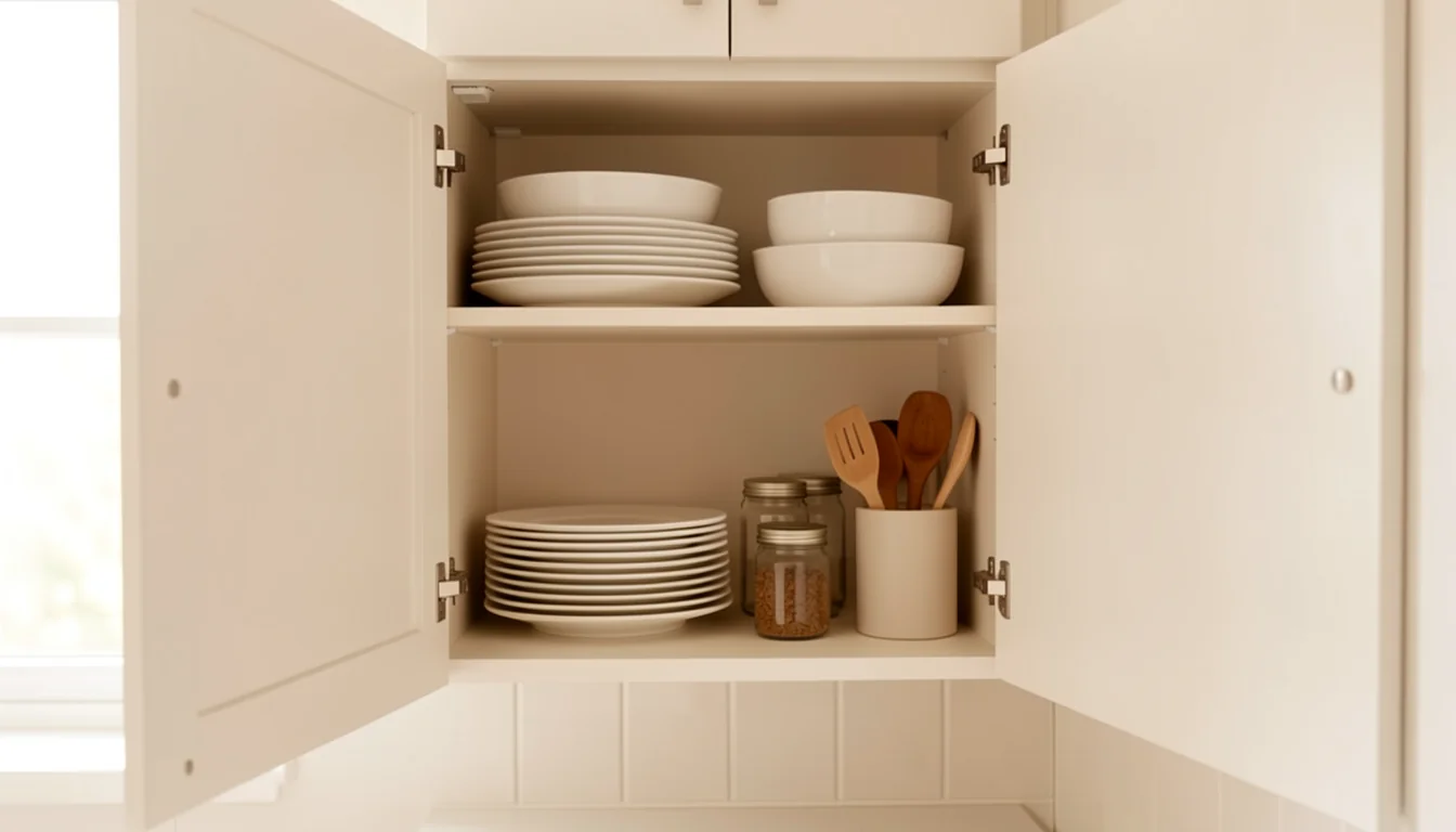 An open kitchen cabinet organized with stacked dishes, plain jars, and wooden utensils