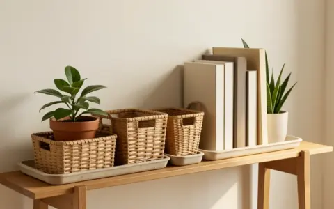 A wooden console arranged with woven baskets, trays, blank books, and two potted plants