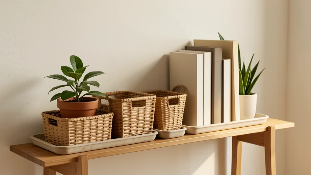 A wooden console arranged with woven baskets, trays, blank books, and two potted plants