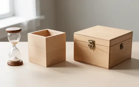 Hourglass beside two wooden containers, one open and one closed with a small padlock