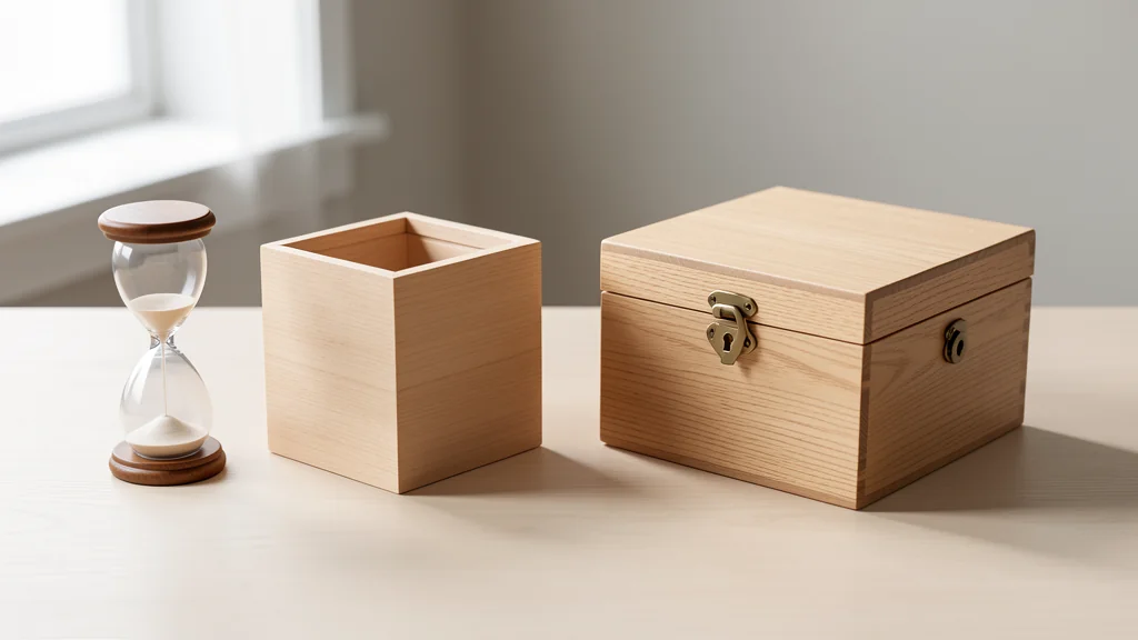 Hourglass beside two wooden containers, one open and one closed with a small padlock