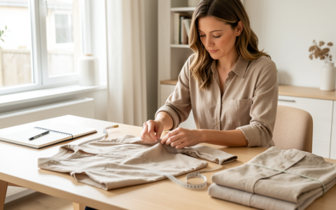 Woman examining the stitching of a neutral blouse at a table