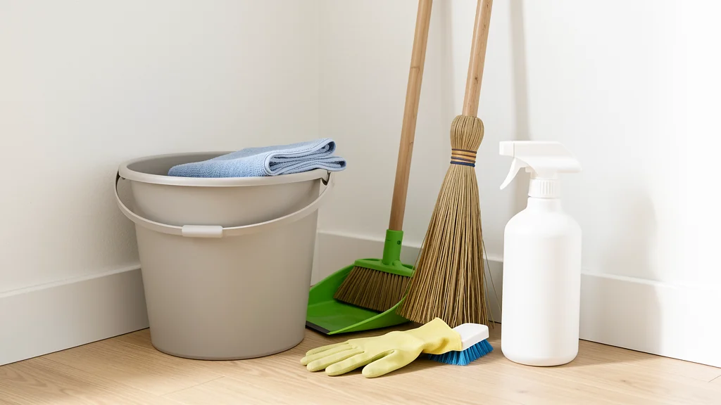 Plain cleaning tools arranged in a bright home utility corner without product labels