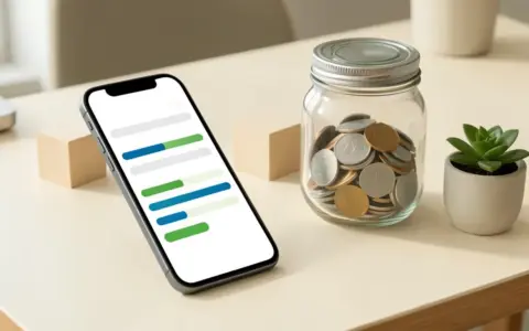 Automatic savings progress shown on a phone beside a savings jar