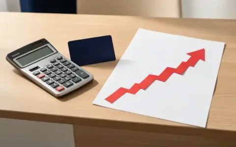 Blank credit card, calculator, and rising cost arrow illustrating debt
