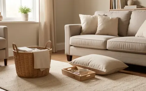 A lived-in living room with a small cleaning basket, folded throw, tray, and simple reset tools