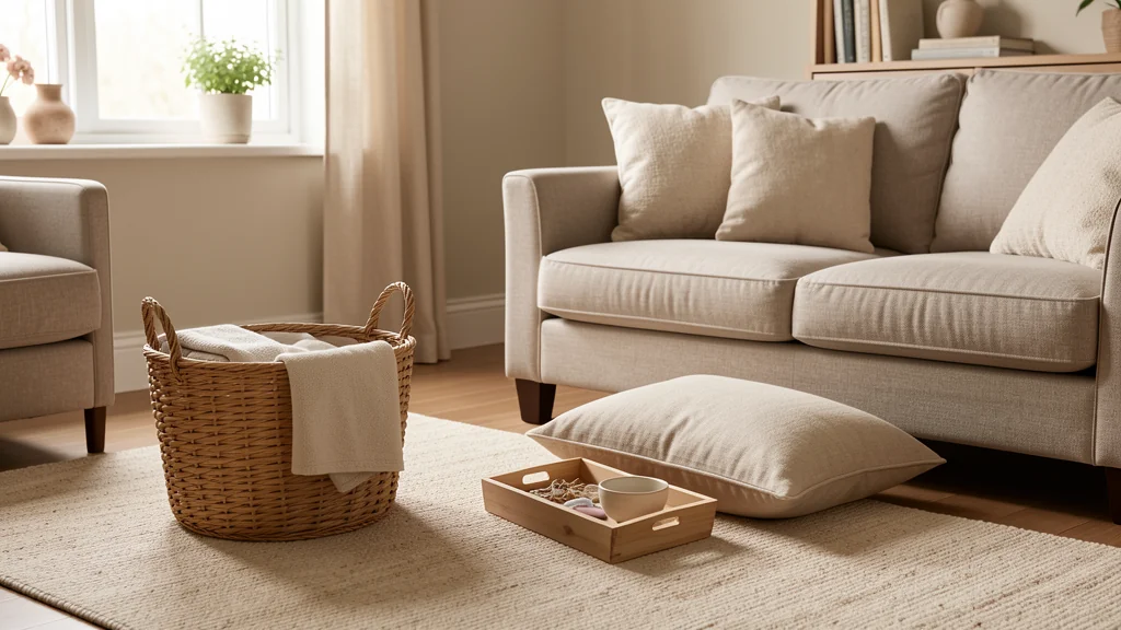 A lived-in living room with a small cleaning basket, folded throw, tray, and simple reset tools